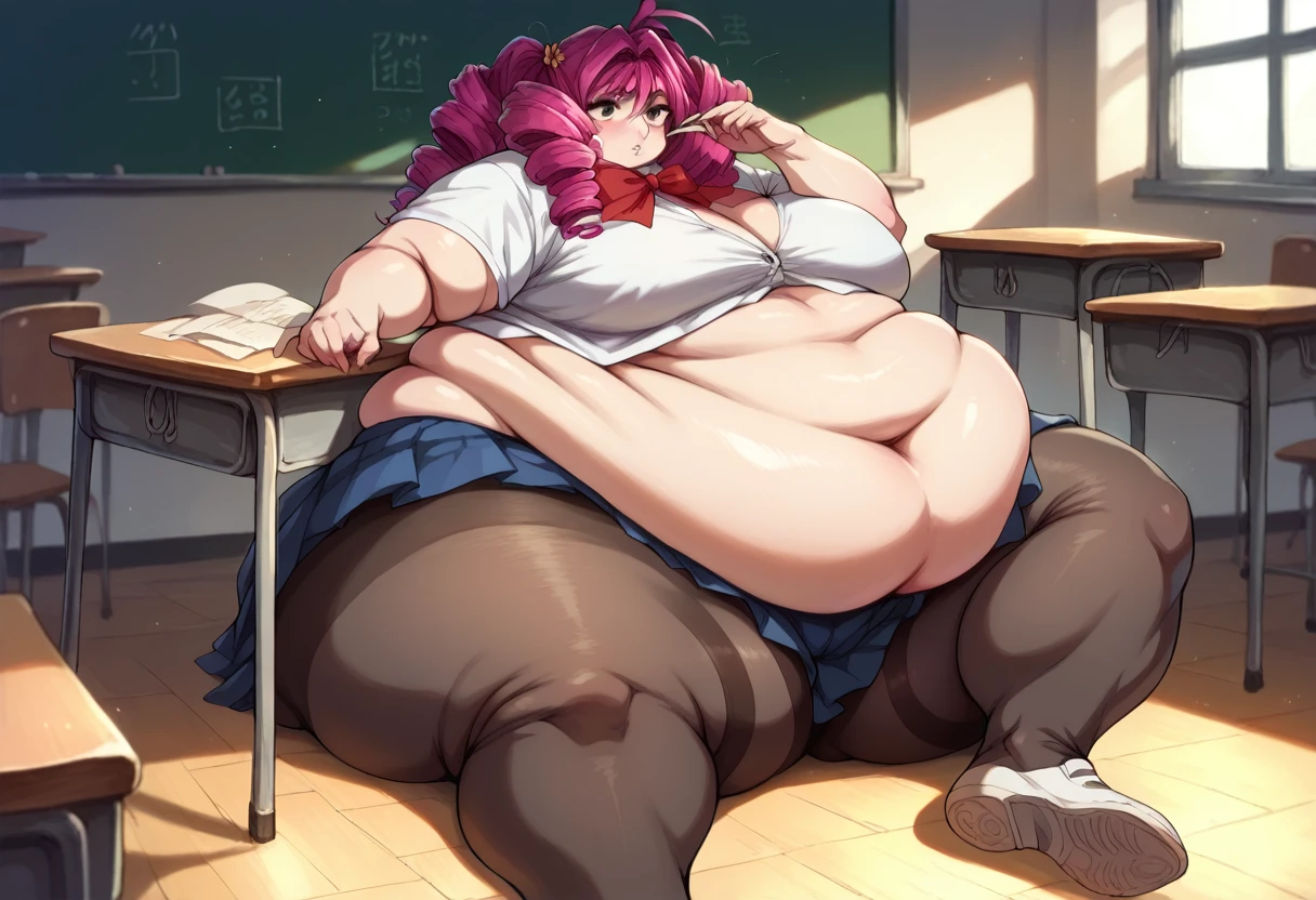 Isuzu Emi, A very obese girl with curly pigtails is sitting on a classroom chair. The chair is creaking under the weight of his fat body.