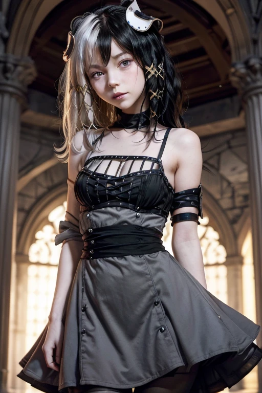 1 girl,Olantilene , x hair ornament, heterochromia, black eyes, grey eyes, fitted dress,  open neck dress small dress, sex dress , dress with neckline,senos sobresalientes,B , waist 50 cm and hips 60 cm,wide thighs,muslos grandes, in a gothic castle ..