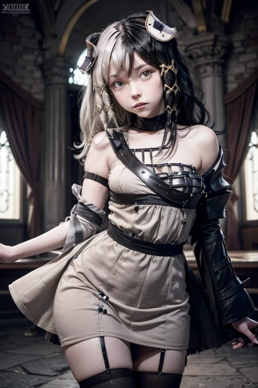 1 girl,Olantilene , x hair ornament, heterochromia, black eyes, grey eyes, fitted dress,  open neck dress small dress, sex dress , dress with neckline,senos sobresalientes,B , waist 50 cm and hips 60 cm,wide thighs,muslos grandes, in a gothic castle ..