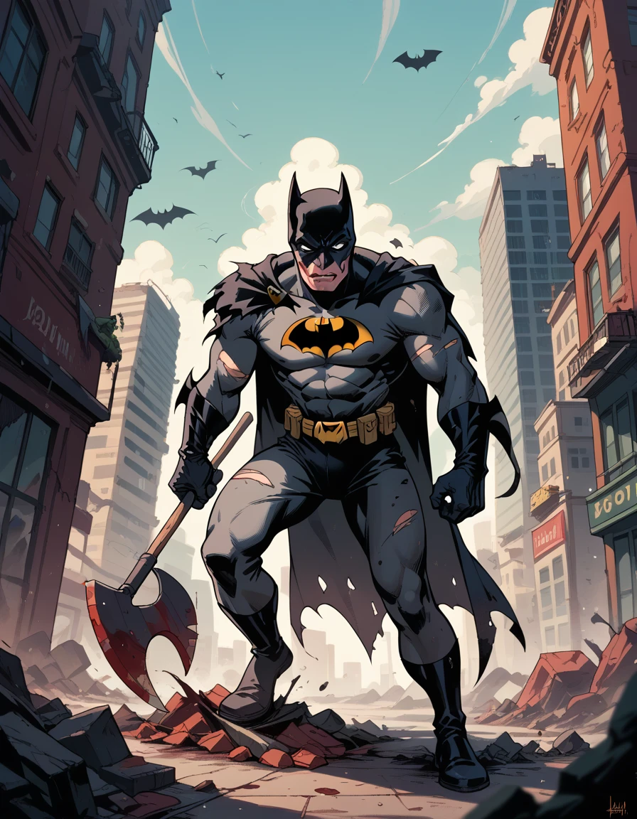 batman,  holding an axe ,  destroyed city 