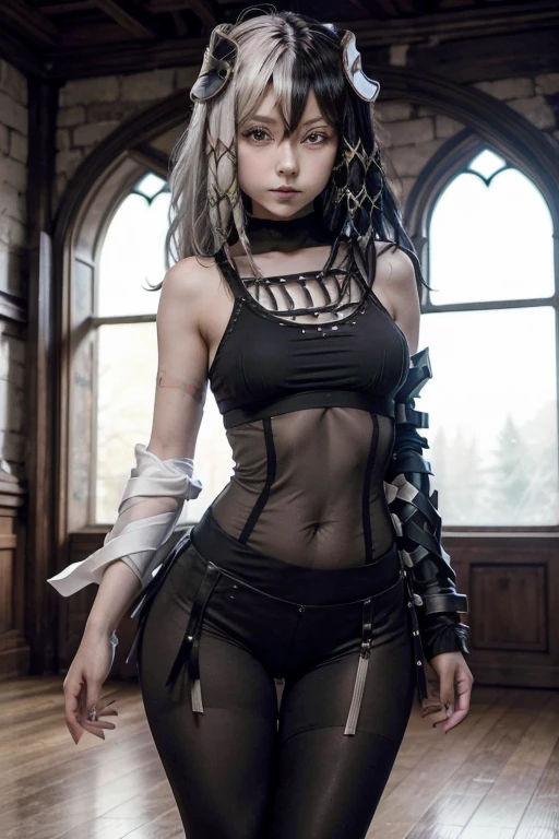 1 girl,Olantilene , x hair ornament, heterochromia, black eyes, grey eyes, fitted leggings, transparent leggings, fitted leggings del trasero,B , waist 50 cm and hips 60 cm,wide thighs,muslos grandes, in a gothic castle ..