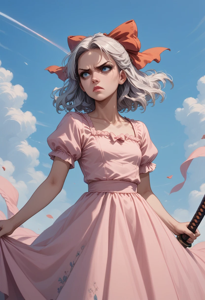 1 girl, long dress, short puffy sleeves, light pink dress, layered dress, ruffled ends, holding a Katana in left hand, blue eyes, white back hair bow, determined facial expression, soft pink lips