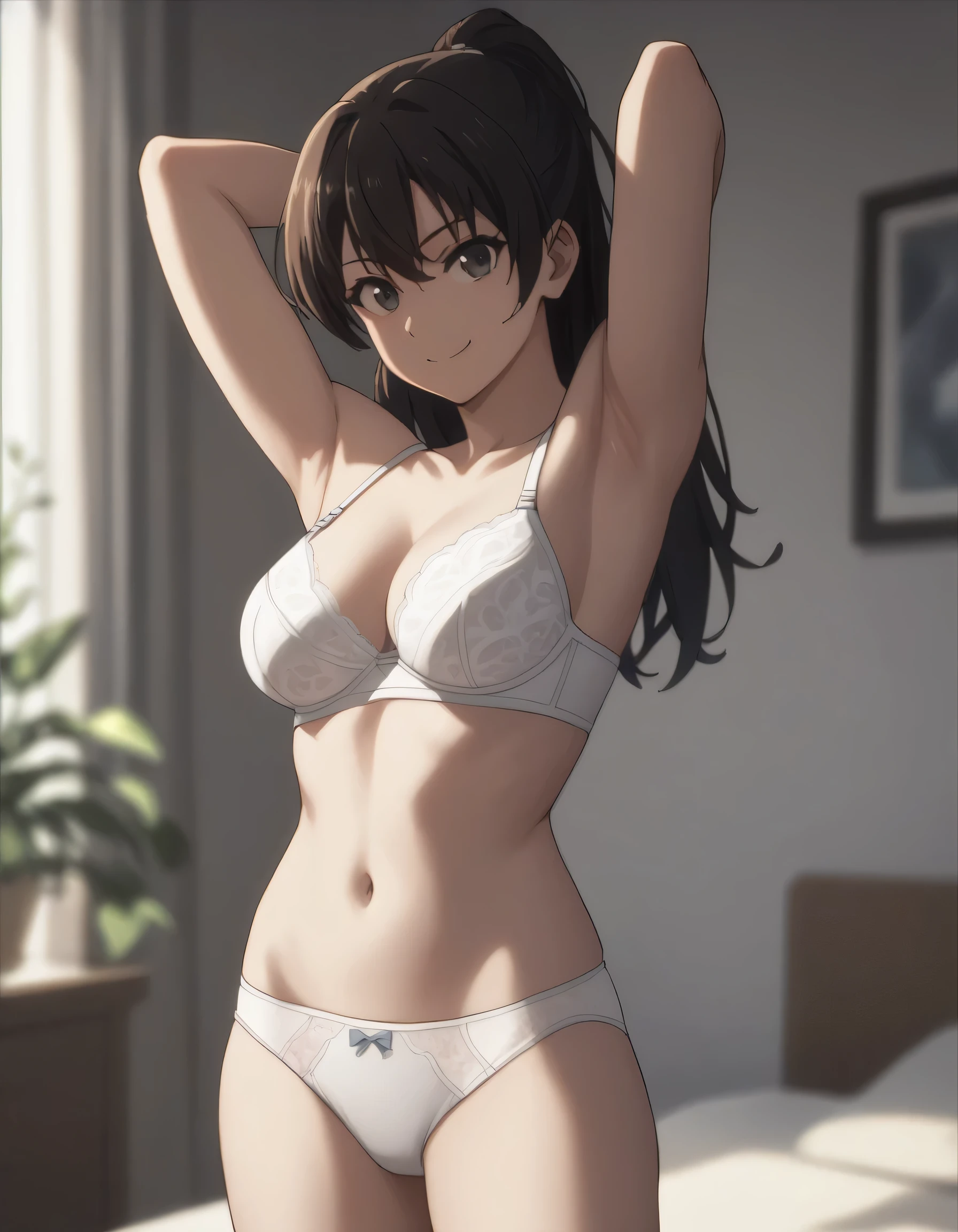 score_9, score_8_up, score_7_up, gsfghtr, white bra, white panties, 1girl, smile, hands behind head, armpit, indoors