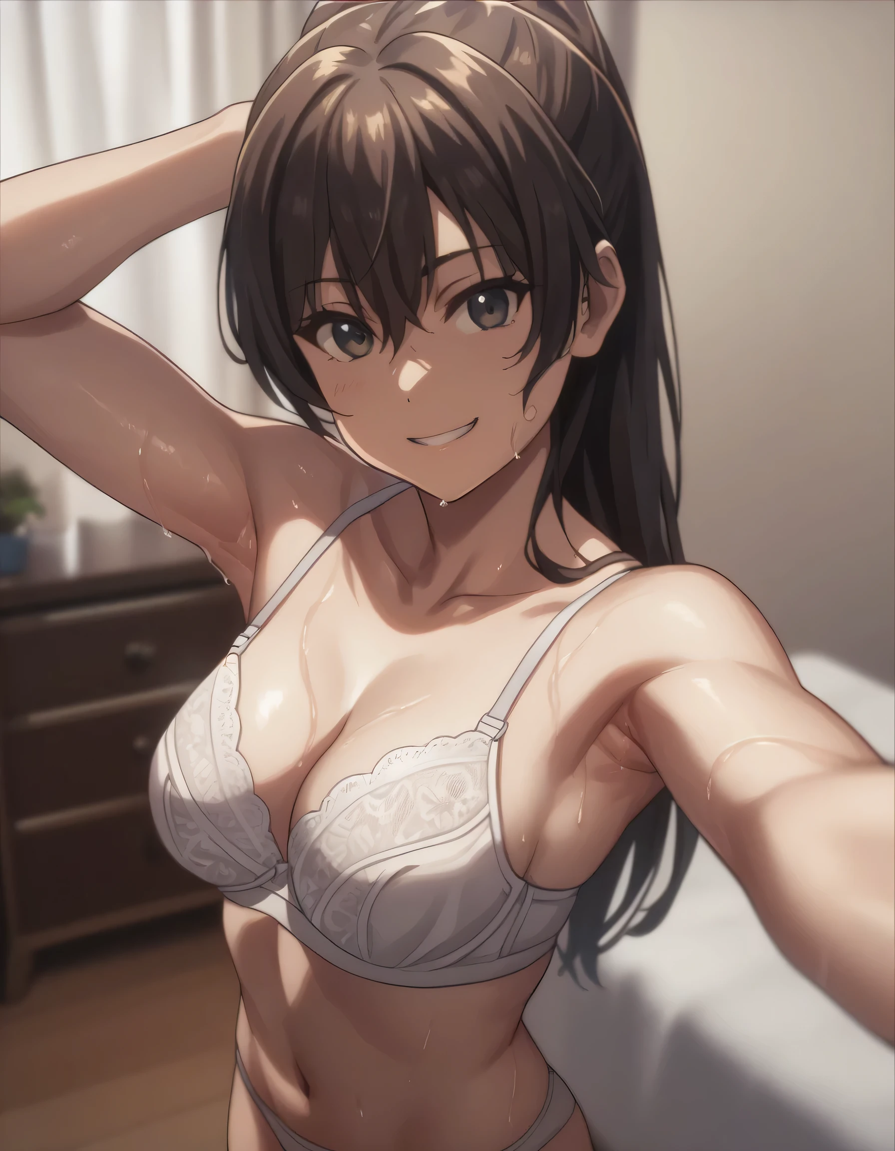 score_9, score_8_up, score_7_up, gsfghtr, white bra, white panties, 1girl, smile, selfie, armpit, indoors, sweaty, sweaty armpits