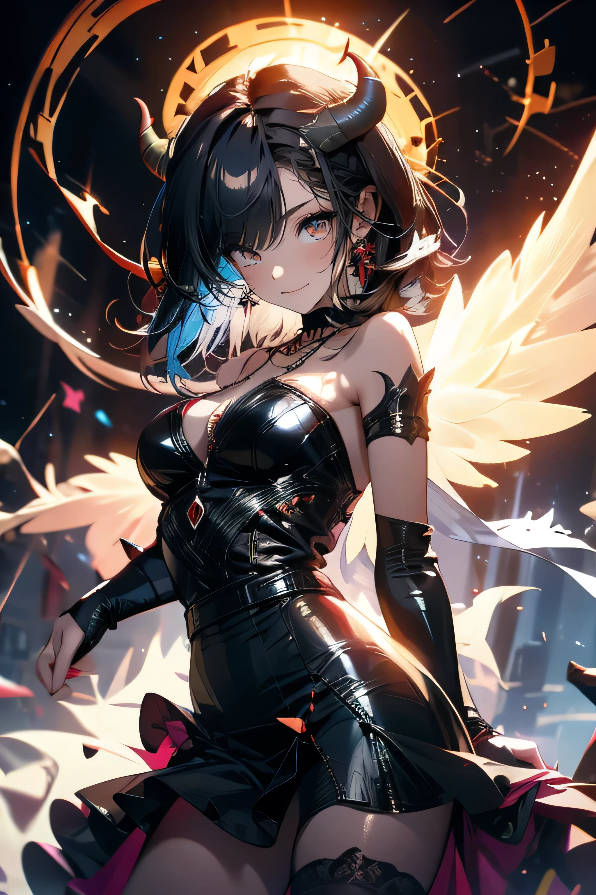 masterpiece、High image quality、Kampala 、Red eyes、  red dress  、  skull tattoo on her thigh  、Arm tattoo、Narrow eyes、smile、Cow horn、smile
それは、 a gothic devil girl 、  with wings like a bat on her shoulder  , Gothic art, Beautiful Succubus,  Devil's anime girl ,   Beautiful and graceful Devil King  ,  tight ,   Short dress   ,    a succubus with a black dress and angel wings  、   a dark angel inspired by raccoons   ,   the background is a moonlit castle  、The whole body is visible、
 Kampala,  Kampala,  Kampala, 