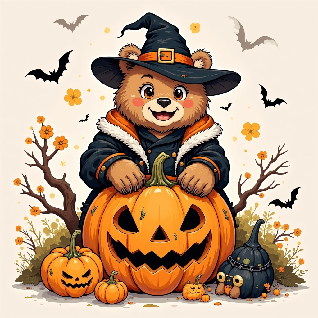 Cartoon illustration style,  hand-drawn illustration, 1shtx1, halloween, A bear with many scars that are a proof of strength