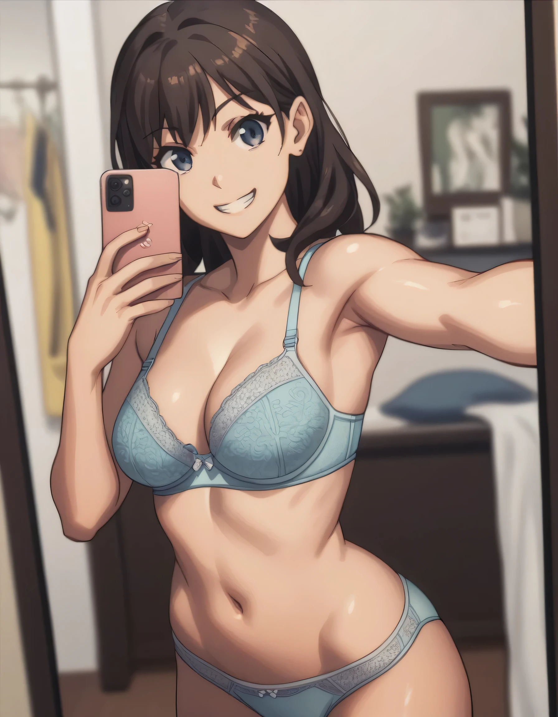 score_9, score_8_up, score_7_up, gsfghtr, bra, panties, 1girl, smile, selfie, armpit, indoors,