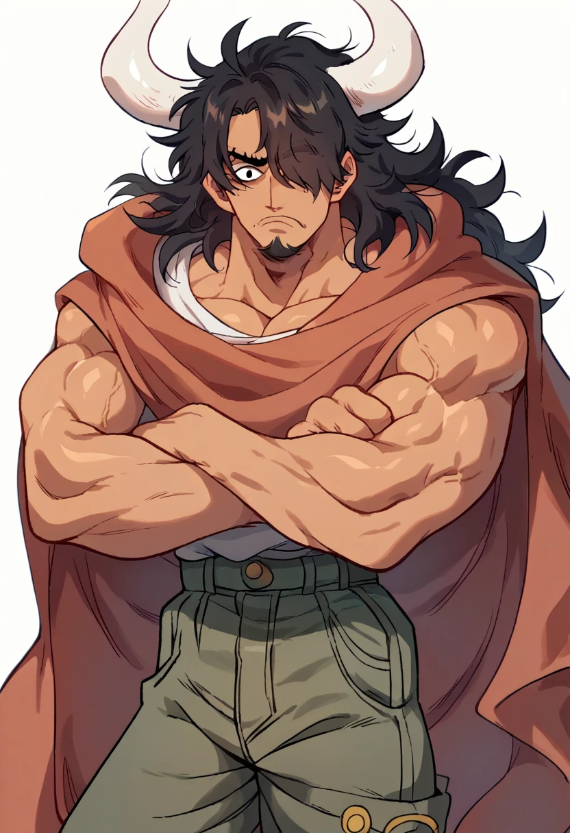 One Piece style, solo, tanned man, muscular bara, fishman, white horns, black hair,  long messy hair, wavy hair, scruffy goatee, bangs over right eye, wearing black cargo pants, wearing a hooded cloak, bushy brows