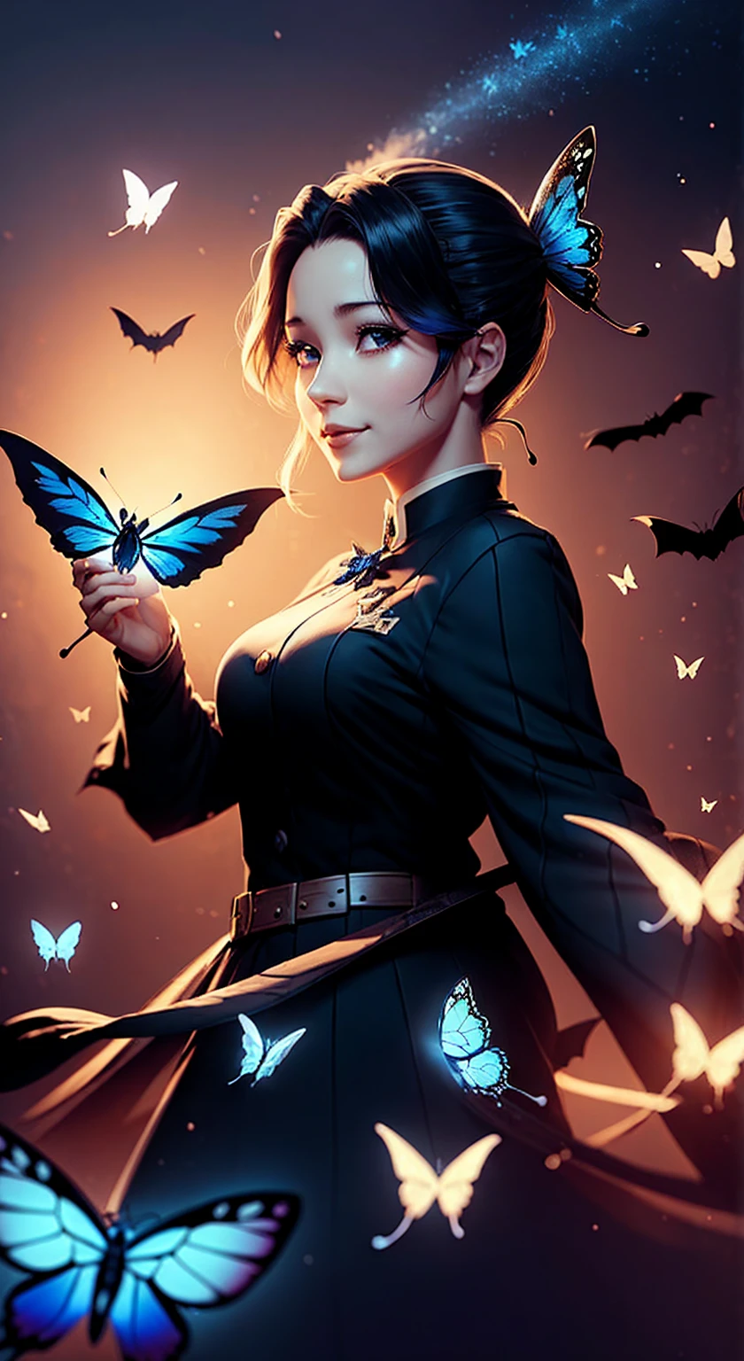 Butterflies are flying、A school uniform with a butterfly-like haori、Poisonous、smile。Beauty、Upstyle Hair、Blue butterfly hair ornament,Ultra-clear,Witch girl、 witch hat 、 Halloween background、 Bats Flying Over 、 witch hat をかぶる