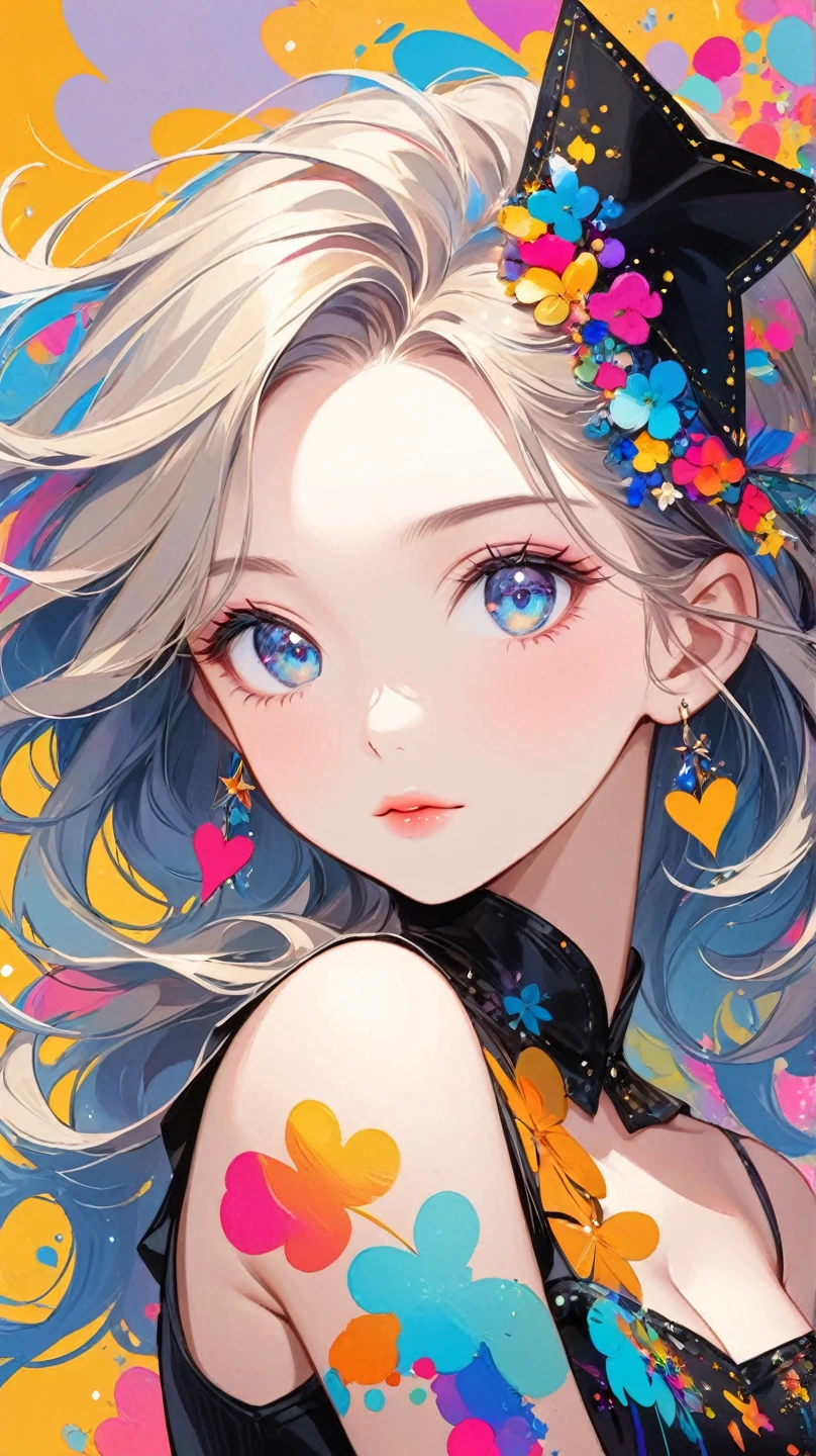 Black Star colorful style, Simple Line Initialism，Abstract art，Urban Background, (((The most beautiful girl of all time))), Sweet face. Lips in love, colorful hearts, stylish design(blue eyes )(looking at viewer)(Big breasts)

