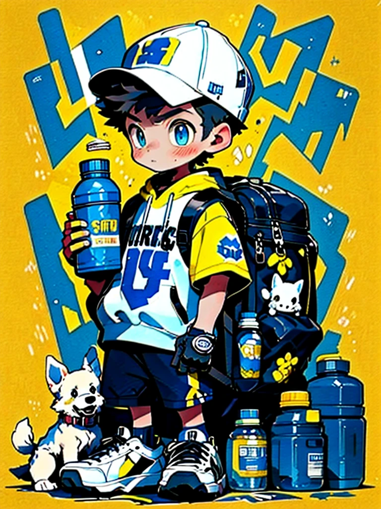 graffiti, 1boy, animal, backpack, bag, baseball cap, black hair, blue eyes, bottle, chibi, clothes writing, dog, english text, full body, hat, holding bottle, jacket, male focus, open clothes, orange background, shirt, shoes, sneakers, standing, yellow background  