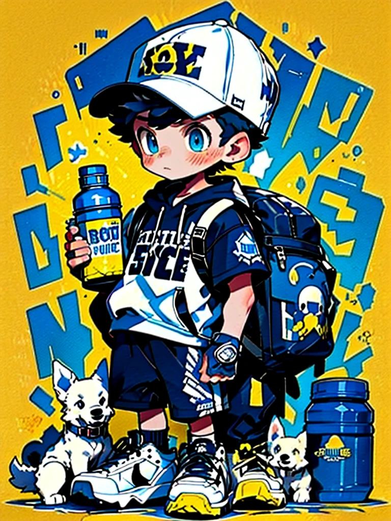 graffiti, 1boy, animal, backpack, bag, baseball cap, black hair, blue eyes, bottle, chibi, clothes writing, dog, english text, full body, hat, holding bottle, jacket, male focus, open clothes, orange background, shirt, shoes, sneakers, standing, yellow background  