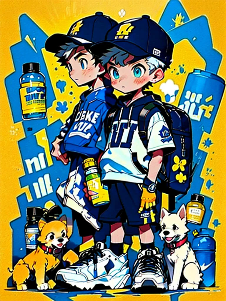 graffiti, 1boy, animal, backpack, bag, baseball cap, black hair, blue eyes, bottle, chibi, clothes writing, dog, english text, full body, hat, holding bottle, jacket, male focus, open clothes, orange background, shirt, shoes, sneakers, standing, yellow background  