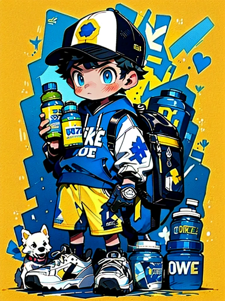 graffiti, 1boy, animal, backpack, bag, baseball cap, black hair, blue eyes, bottle, chibi, clothes writing, dog, english text, full body, hat, holding bottle, jacket, male focus, open clothes, orange background, shirt, shoes, sneakers, standing, yellow background  