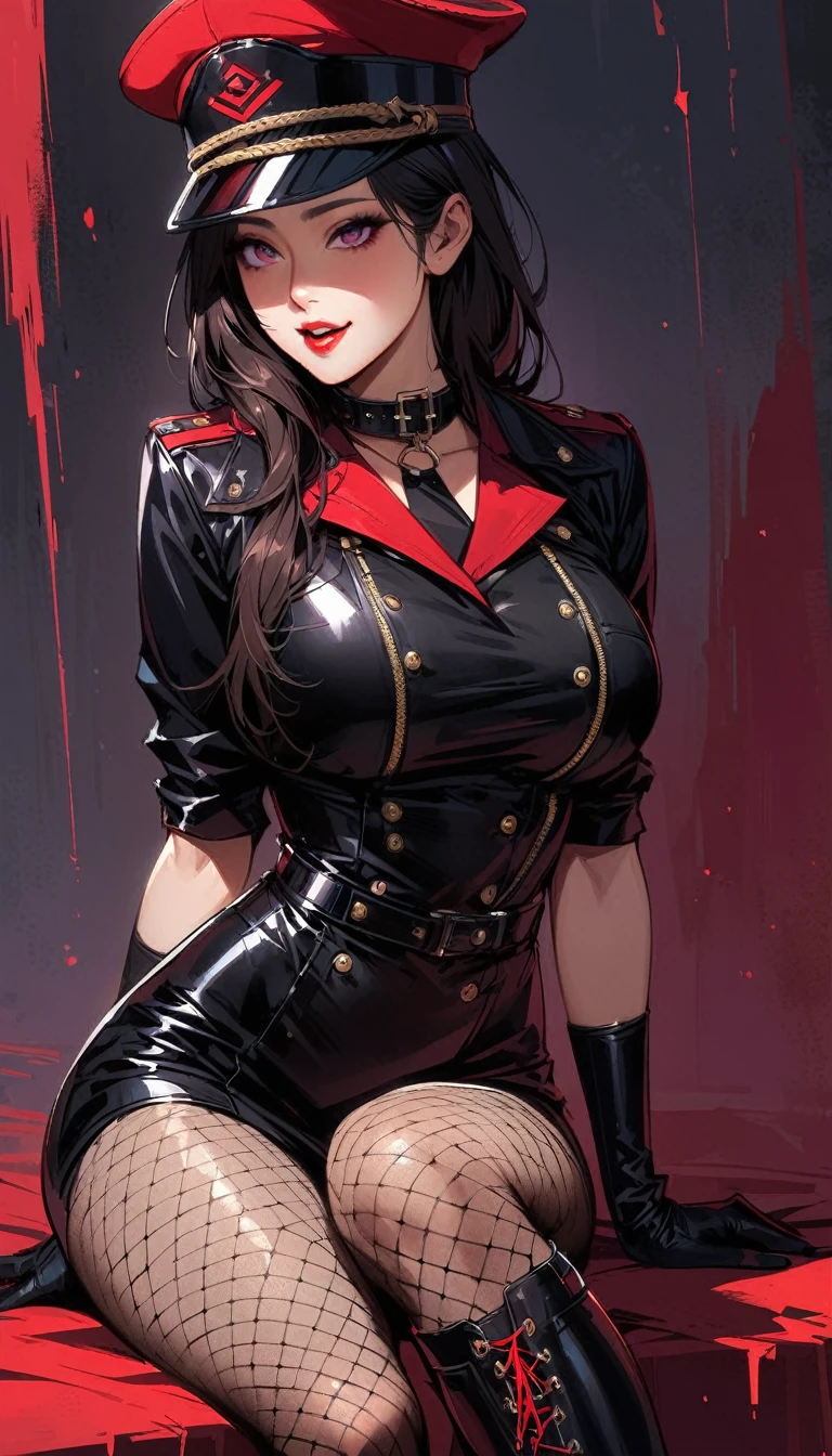  beautiful mature woman,(better quality,Extremely detailed depiction, Incredibly high resolution ,Anatomically accurate depiction,beautiful legs,Porcelain Skin),( Female leader of an evil organization :1.5),( Latex military costume , A shiny and intricately constructed bondage dress,military hat,Knee-high leather boots,,leather collar,fishnet stockings),eyelash, eye shadow ,( purple eyes ,crazy eyes, :1.3,  large breasts ,captivating smile, bright red lips , shaded face,  sitting cross-legged,open mouth,seductive gestures),Whole body,