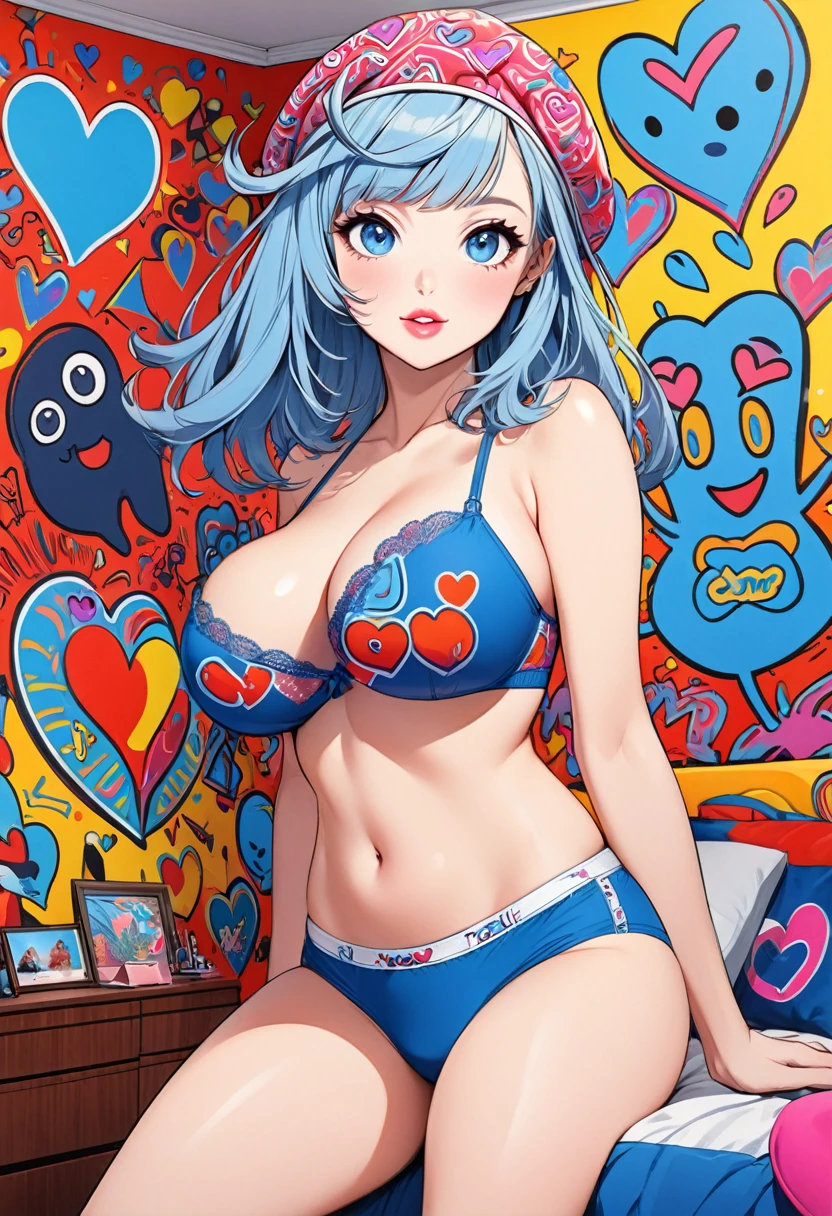 Ultra-realism Keith Haring colorful style, Simple Line Initialism，Abstract art，(((The most beautiful girl of all time))), Sweet face. Lips in love, colorful hearts, stylish design, cute underwear, Dark Eyes, (((Holiday Room))), (((Cute amoeba)))(blue eyes )(looking at viewer)(Big breasts)