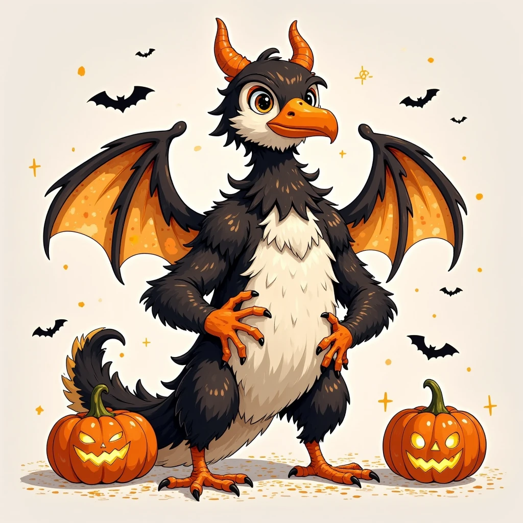 Cartoon illustration style,  hand-drawn illustration, 1shtx1, halloween, Stronger, bird-like monster.  not too good at flying, so you see it on the ground most of the time