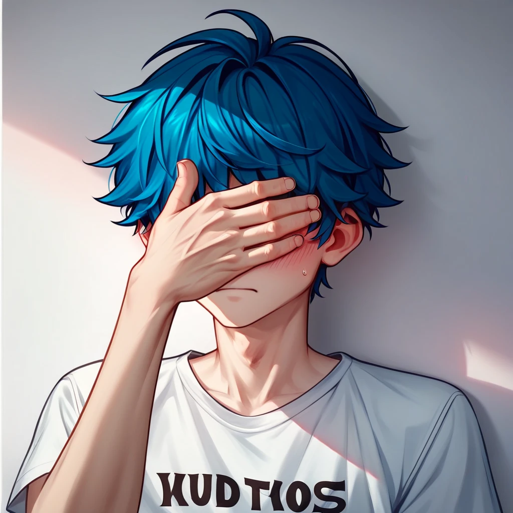 1boy, short blue hair, hair covering face, blushing, Cuttestyl3, Cutecore, white t-shirt