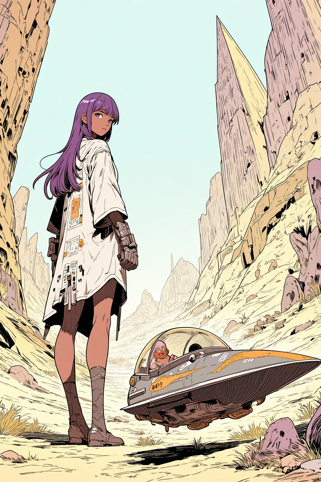 ((best quality)), ((masterpiece)), (detailed), perfect anime waifu girl face, her name is Lovelot, she has long straight purple hair, she wears a white tunic with a series of shapes printed on it that look like code, her skin is brown, her eyes are purple, she's cute but tough, she flies a small pod spaceship that is parked next to her, she has just landed on a strange planet with lots of pyramid like mountiains and strange natural structures, surreal, art nouveau, in the illustrative style of moebius, spaceships, aliens, fantasy, sci-fi, graphic novel, line drawing, french retro, 