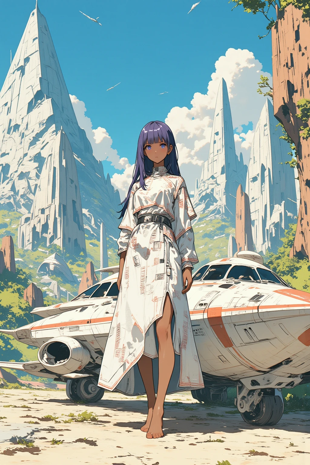 ((best quality)), ((masterpiece)), (detailed), perfect anime waifu girl face, her name is Lovelot, she has long straight purple hair, she wears a white tunic with a series of shapes printed on it that look like code, her skin is brown, her eyes are purple, she's cute but tough, she flies a pod spaceship that is parked next to her, she has just landed on a strange planet with lots of pyramid like mountiains and strange natural structures, surreal, art nouveau, in the illustrative style of moebius, spaceships, aliens, fantasy, sci-fi, graphic novel, line drawing, french retro, 