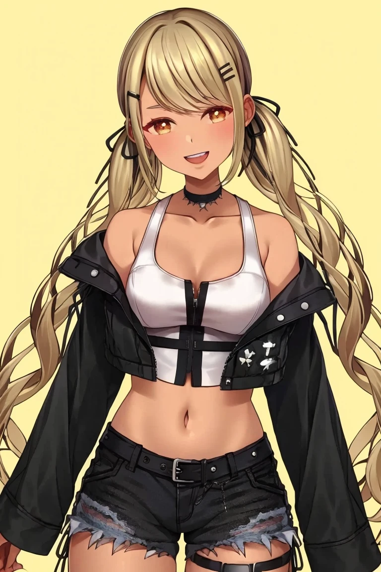 masterpiece, Best Quality, 8K, (Top resolution, Distinct_image) best qualtiy, nervous smile, Highly detailed, Half realistic,
BREAK long hair, low twintail, hair ribbon, hairclip, 
BREAK choker, cropped jacket, black jacket, white shirt, midriff, black shorts, thigh strap, smile