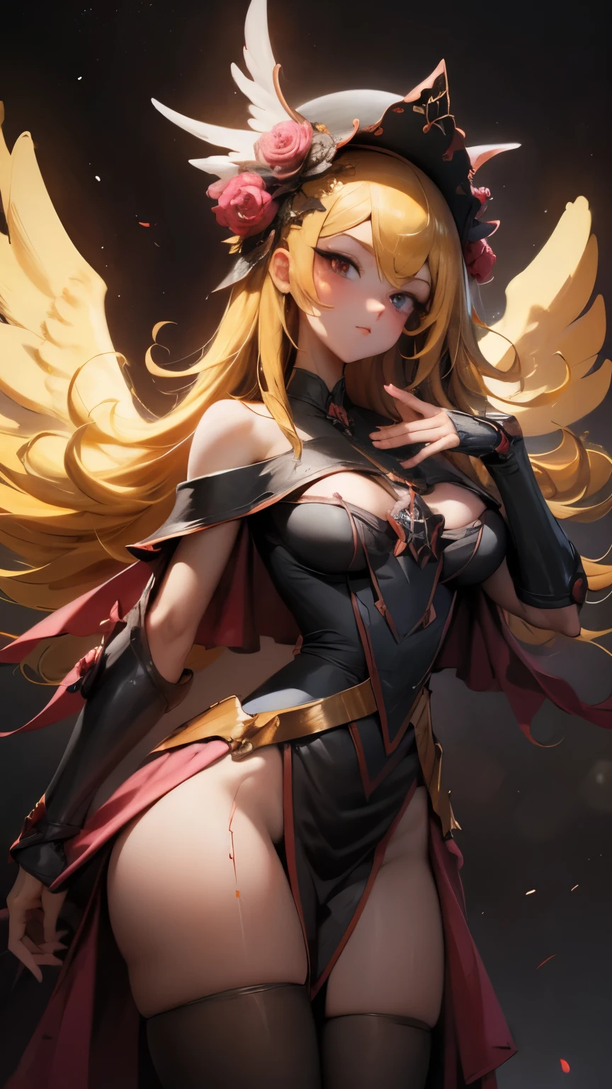 highres, shadows, absurdres, best_quality, ultra_detailed, 8k, extremely_clear, photograph, beautiful, beautiful face, sharp focus, hdr, 1girl, clean eyes, wide-eyed, background (magic academya) or (planets), flames, beautiful face, small puffy breasts (puffy nipple), firm breast, very red areola, standing ,very seductive pose,no bra, , blonde, small white angel wings