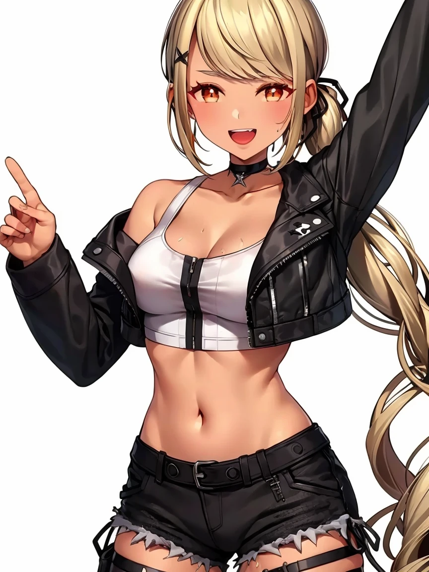 8k high resolution,detailded face,detailed bpdy,perfect body,ultra high quality,1 girl, arms up,armpit, sweating,
choker, cropped jacket, black jacket, white shirt, midriff, black shorts, thigh strap, smile