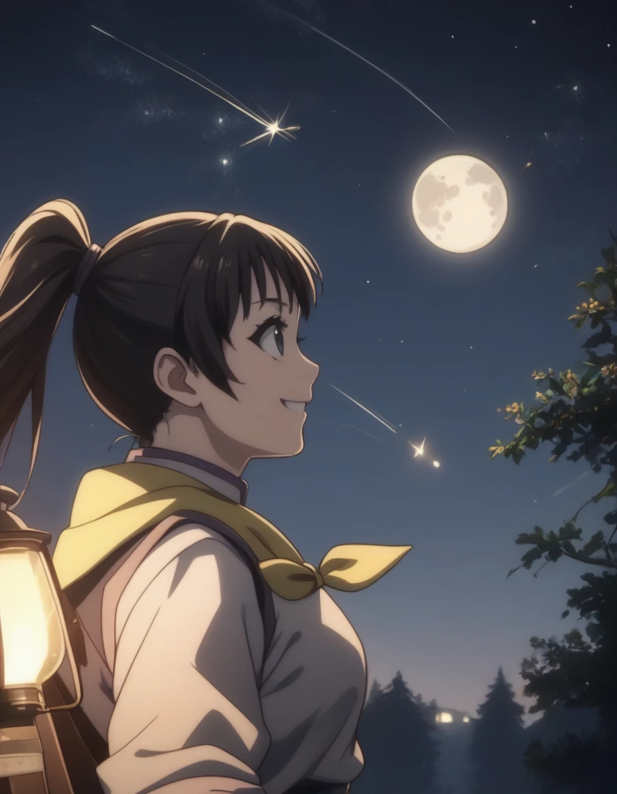 score_9, score_8_up, score_7_up, gsfghtr, neckerchief, 1girl, sweet smile, night at mountatin, moon, shooting star, from side