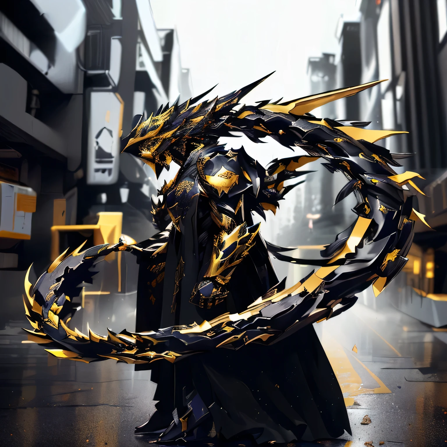 arafed image of a person in a black robe and a gold dragon, ornate cosplay, black and golden armor, demonic dragon inspired armor, black and gold armor, chaos nightmare ❄️ amour venom, ornate cyberpunk armor, ornate cyberpunk robes, cyberpunk flame suit, dragon - inspired suit, king of time reaper, ainz ooal gown, black armor with yellow accents