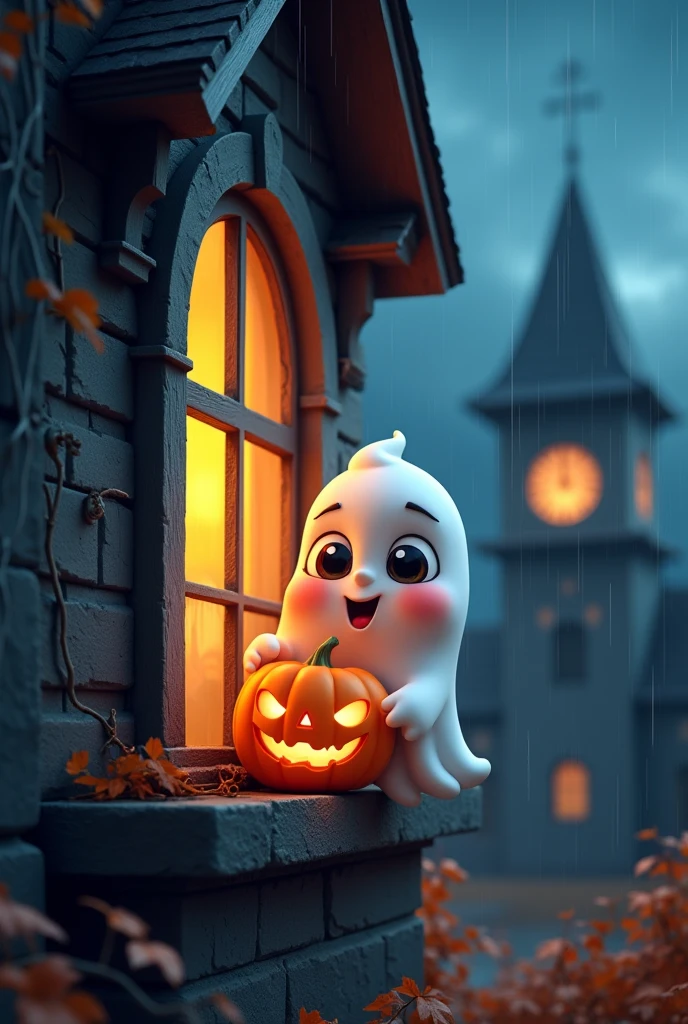 3D cartoon style. Cute smiley ghost peaking out of old mansion window and holding a glowing pumpkin. Autumn, Victorian aesthetics. Dark night, rainy outside.