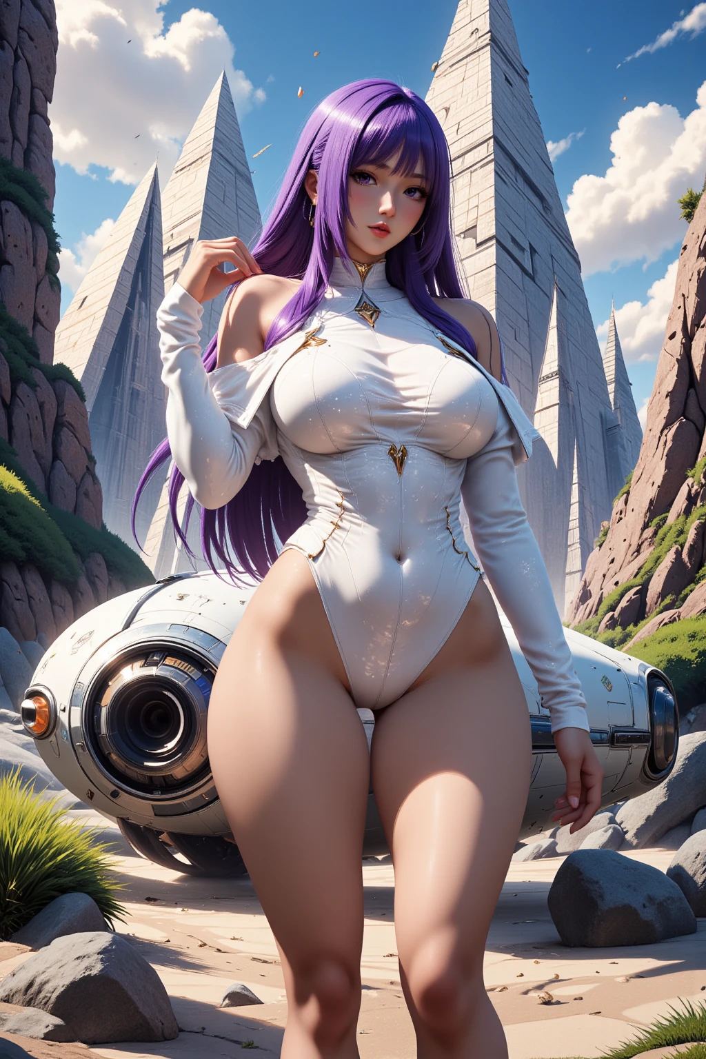 ((best quality)), ((masterpiece)), (detailed), perfect anime waifu girl face, her name is Lovelot, she has long straight purple hair, she wears a white tunic with a series of shapes printed on it that look like code, her skin is brown, her eyes are purple, she's cute but tough, she flies a pod spaceship that is parked next to her, she has just landed on a strange planet with lots of pyramid like mountiains and strange natural structures, surreal, art nouveau, in the illustrative style of moebius, spaceships, aliens, fantasy, sci-fi, graphic novel, line drawing, french retro, 