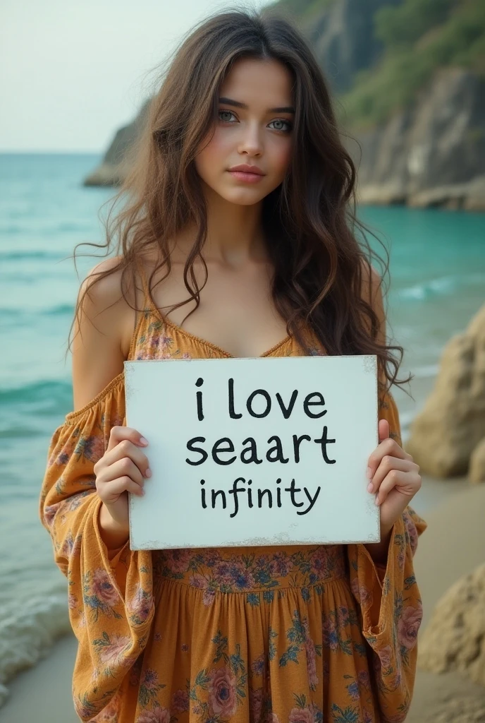 Beautiful girl with wavy long hair, bohemian dress, holding a white board with text "I Love Seaart Infinity" and showing it to the viewer