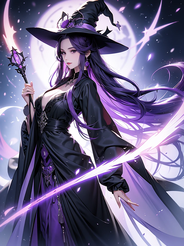 Long staff ，magic hat，Purple long Hair,witch, Black robe, Victorian style, Gothic Skirt, middle Ages,Purple Fire，long black dress，beautiful