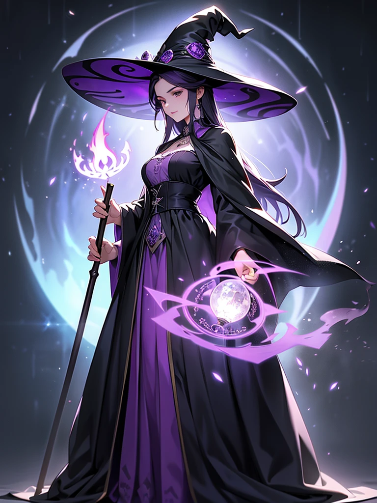 Long staff ，magic hat，Purple long Hair,witch, Black robe, Victorian style, Gothic Skirt, middle Ages,Purple Fire，long black dress，beautiful