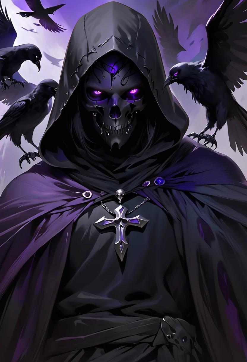 (dark fantasy).(realistic illustration:1.4). A male hooded shadow wraith, obsidian skin, a being of pure shadow. with violet eyes, ((obsidian skull face)), black armor, cross pendant, tall, imposing, with his raven bird