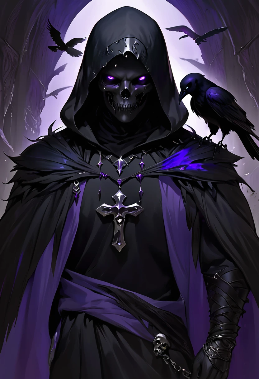 (dark fantasy).(realistic illustration:1.4). A male hooded shadow wraith, obsidian skin, a being of pure shadow. with violet eyes, ((obsidian skull face)), black armor, cross pendant, tall, imposing, with his raven bird