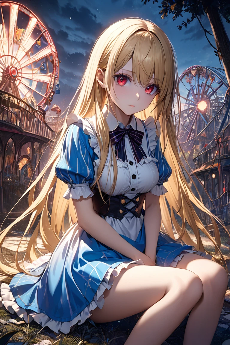 1girl,Alice, from Alice in wonder land, Alice, like Alice in wonderland,Dark fantasy,
, (Red ring pupil),blonde hair,very long hair,straight hair,expressionless,medium breasts
,sitting on ground,breast,looking at viewer,hugging Tattered doll,quality\(8k,wallpaper of extremely detailed CG unit,top-quality, top-quality real texture skin,best quality, highly detailed,vibrant colors, dramatic lighting, persuasive storytelling, atmospheric scenery, captivating visuals, intricate details, strong emotions,dreamlike world,Moonlit night, abandoned amusement park