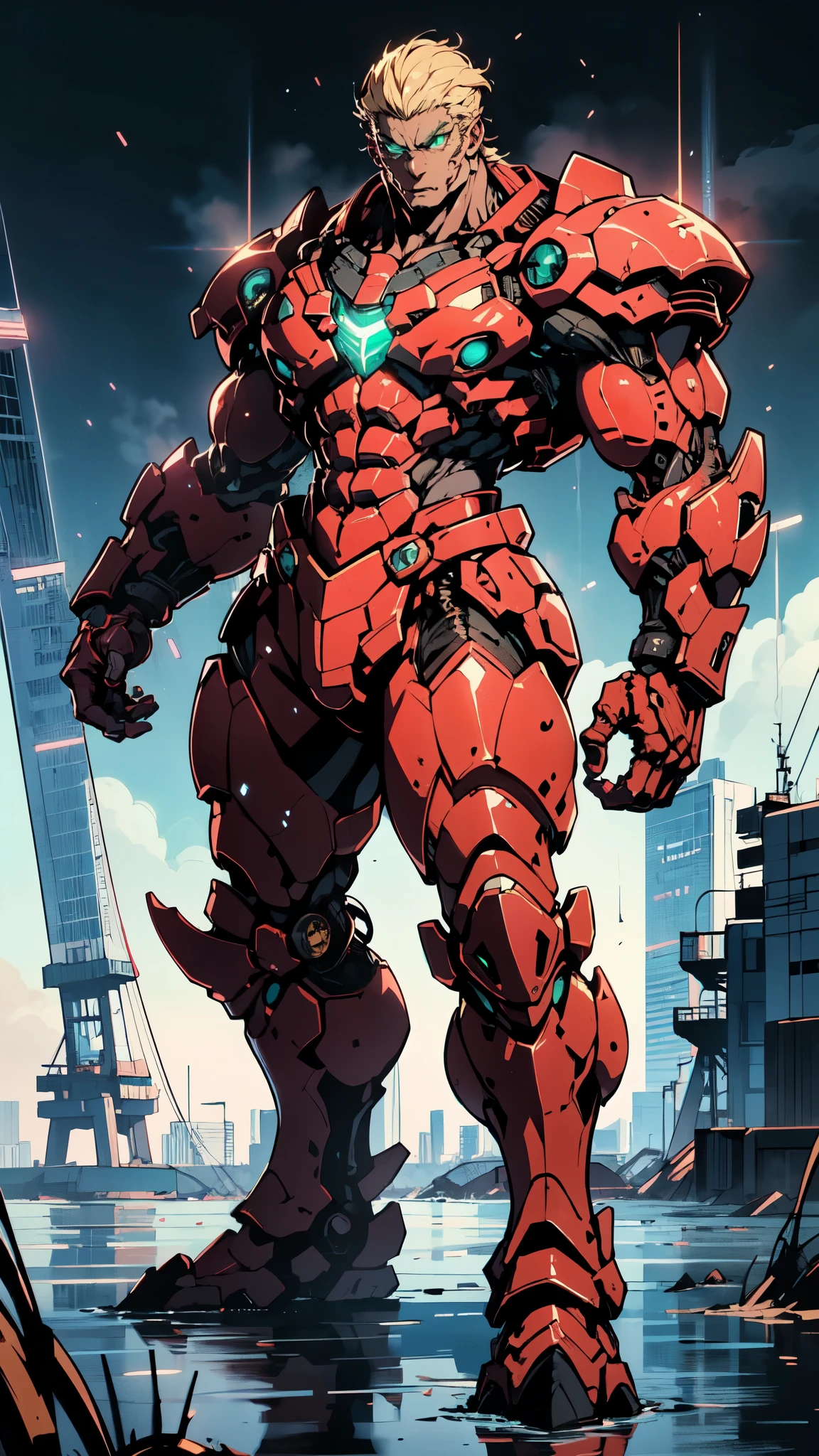 (masterpiece:1.5, best quality:1.5, extremely delicate:1.5), ((male:1.5)), Biomimetic humanoid Mecha, green eyes, fully enclosed shoulder guards, matching arm and leg guards, gemstone, full body, full armor, the design balances heavy with agility, organic biotech armor, (the color scheme is primarily Golden and Red with Black and White accents, concept Inspired by Godzilla, glowing eyes, the armor glows), standing, floating high above the futuristic sci-fi city, a finely crafted Super robot in anime style, exquisite and mature art style, metallic, dramatic, high definition, highres, ultra-detailed, ultra-fine painting, professional, anatomically correct, symmetrical face, extremely detailed eyes and face, high quality eyes, creativity, RAW photo, UHD, 32k, Natural light, cinematic lighting, (masterpiece-anatomy-perfect:1.2)