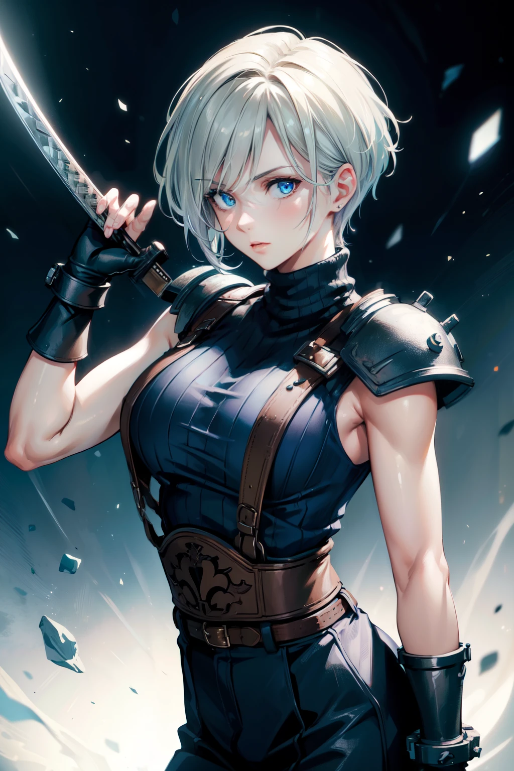 (masterpiece, best quality:1.2), expressive eyes, perfect face, highres, 1 girl, solo, (female:1.5), strife, short hair, shoulder armor, sleeveless turtleneck, suspenders, belt, gloves, bracer, standing, portrait, looking at viewer, White hair, Blue glowing eyes, holding a giant katana,