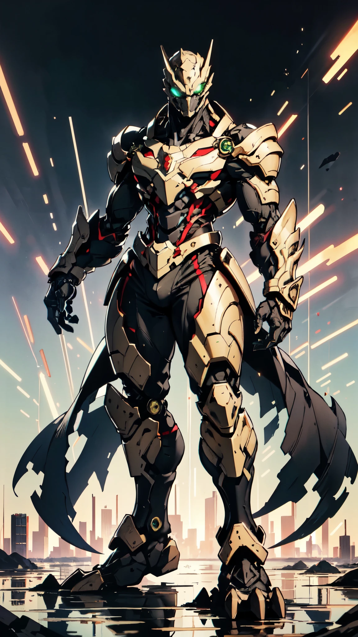 (masterpiece:1.5, best quality:1.5, extremely delicate:1.5), ((male:1.5)), Biomimetic humanoid Mecha, green eyes, fully enclosed shoulder guards, matching arm and leg guards, gemstone, full body, full armor, the design balances heavy with agility, organic biotech armor, (the color scheme is primarily Golden and Red with Black and White accents, concept Inspired by Godzilla, glowing eyes, the armor glows), standing, floating high above the futuristic sci-fi city, a finely crafted Super robot in anime style, exquisite and mature art style, metallic, dramatic, high definition, highres, ultra-detailed, ultra-fine painting, professional, anatomically correct, symmetrical face, extremely detailed eyes and face, high quality eyes, creativity, RAW photo, UHD, 32k, Natural light, cinematic lighting, (masterpiece-anatomy-perfect:1.2)