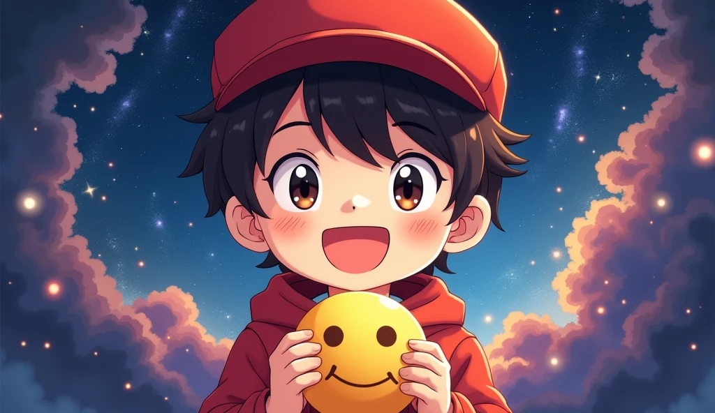 A boy in a red cap smiling beautifully holding a happy emoji in his hands,  space background with colorful space nebula , galaxies, and stars. Anime Style Image. Cozy and comforting image .