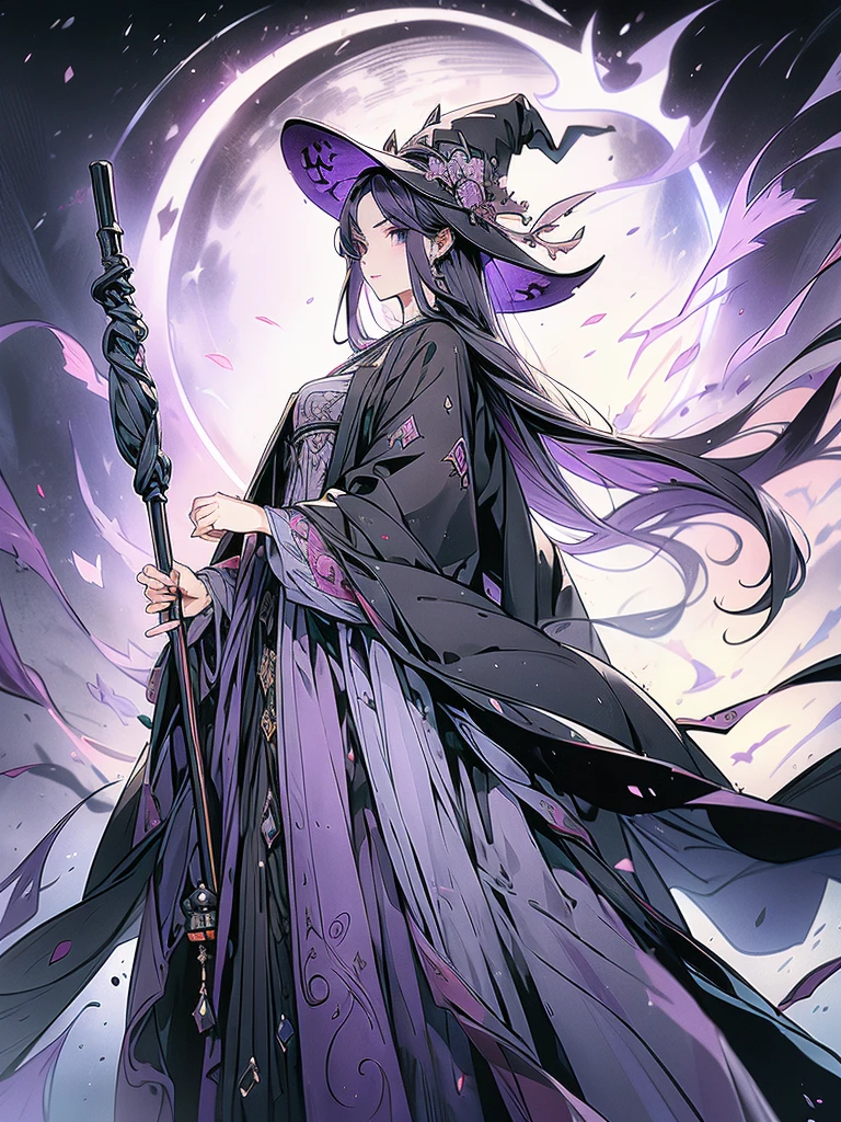 Long staff ，magic hat，Purple long Hair,witch, Black robe, Victorian style, Gothic Skirt, middle Ages,Purple Fire，long black dress，beautiful