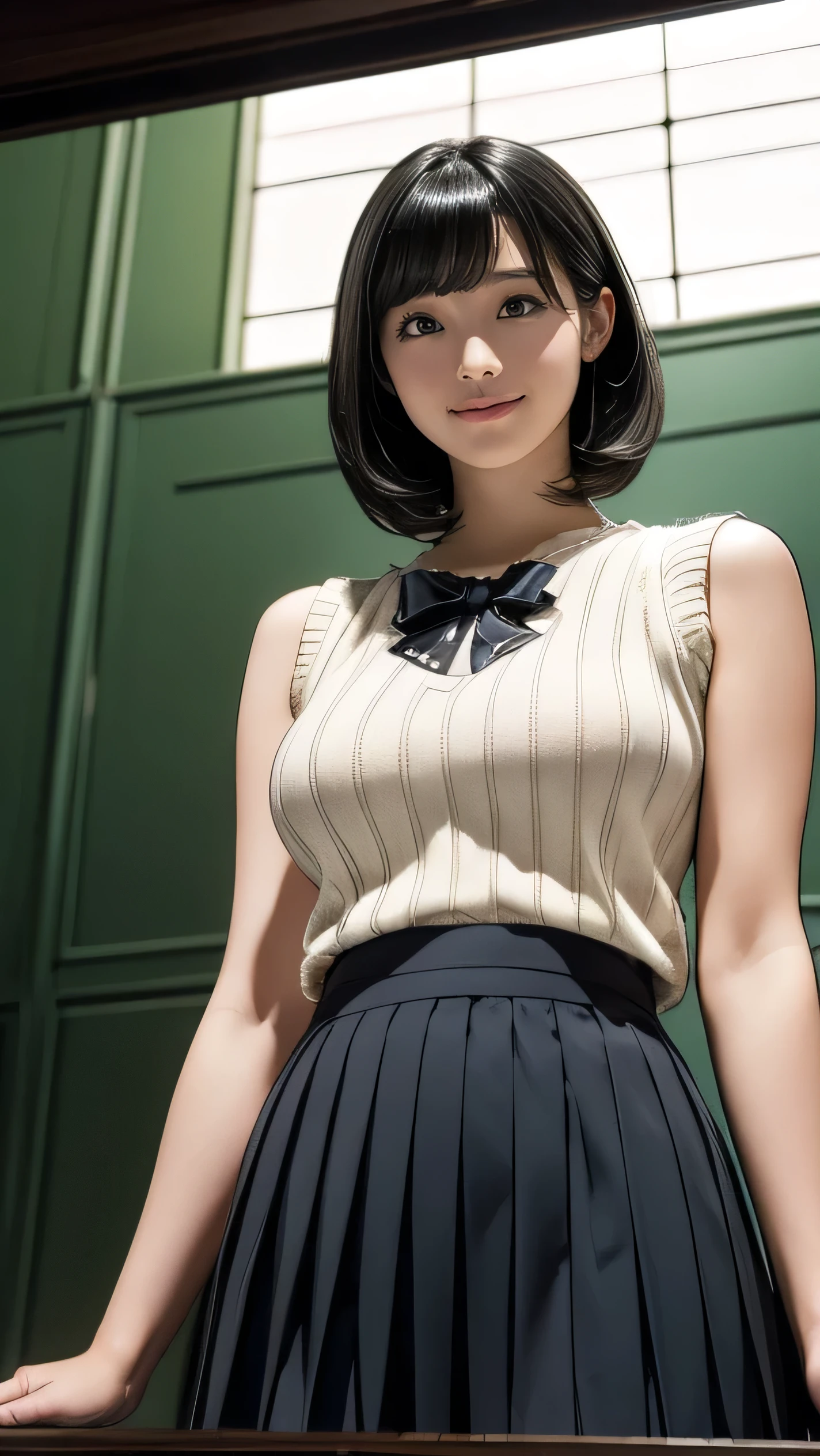 (photorealism:1.2), girl with almost short hair wearing a yellow short-sleeved uniform shirt with black stripes on the shoulders and black mini shorts with yellow stripes on the sides and made of synthetic material and she drops her books and bends down to pick them up and she looks good with a big ass and sexy and a boy comes and spanks her