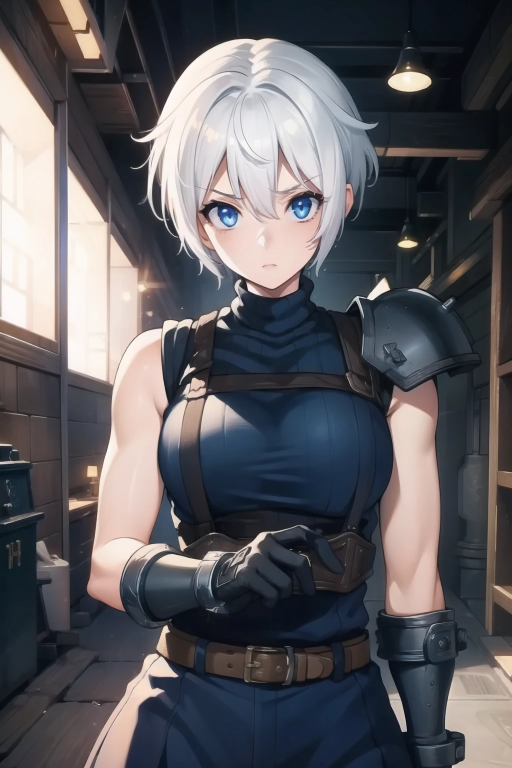 (masterpiece, best quality:1.2), expressive eyes, perfect face, highres, 1 girl, solo, (female:1.5), strife, short hair, shoulder armor, sleeveless turtleneck, suspenders, belt, gloves, bracer, standing, portrait, looking at viewer, White hair, Blue glowing eyes, holding a giant katana,