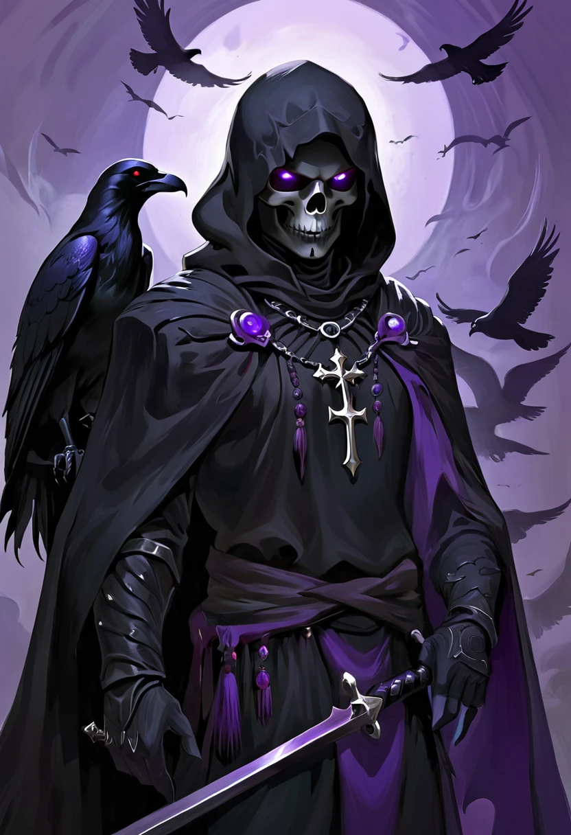 (dark fantasy).(realistic illustration:1.4). A male hooded shadow wraith, obsidian skin, a being of pure shadow. with violet eyes, ((obsidian skull face)), black armor, cross pendant, tall, imposing, with his raven bird