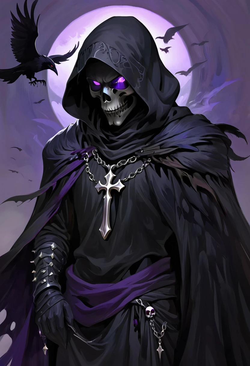 (dark fantasy).(realistic illustration:1.4). A male hooded shadow wraith, obsidian skin, a being of pure shadow. with violet eyes, ((obsidian skull face)), black armor, cross pendant, tall, imposing, with his raven bird