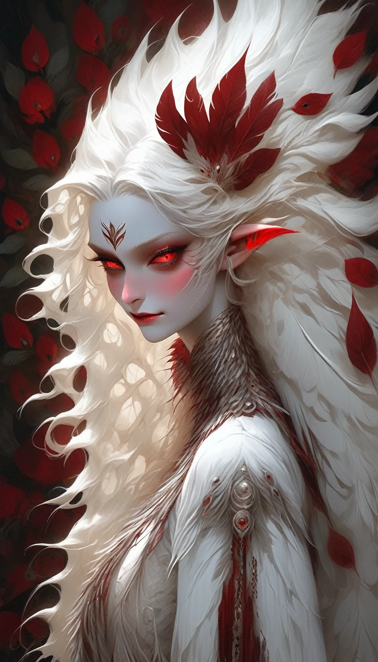  Albino elf girl with long wavy hair, white body,  deep red eyes, a big smile and blood pouring from her neck , With big tits, white peacock feather dress,