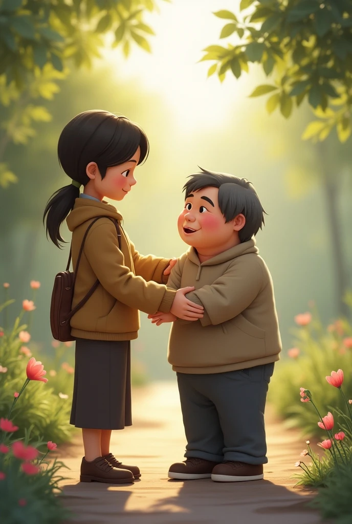 Generate a tall, slightly fat boy next to a more realistic, small girl, and they are hugging each other And the child is fatter Realist