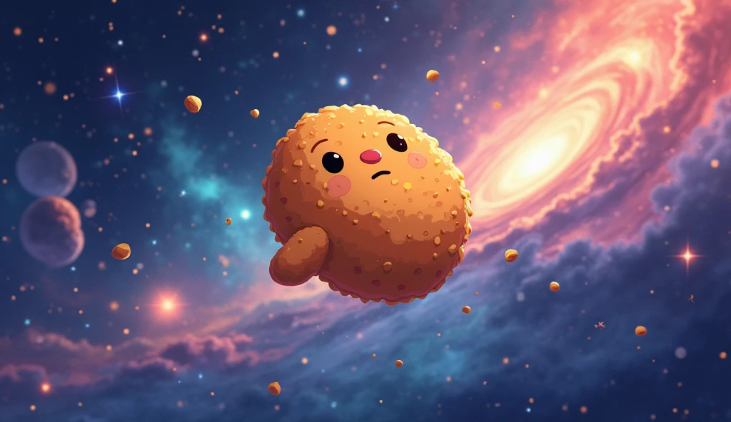 A chicken nugget floating in space.  space background with colorful space nebula , galaxies, and stars. Anime Style Image. Cozy and comforting image .