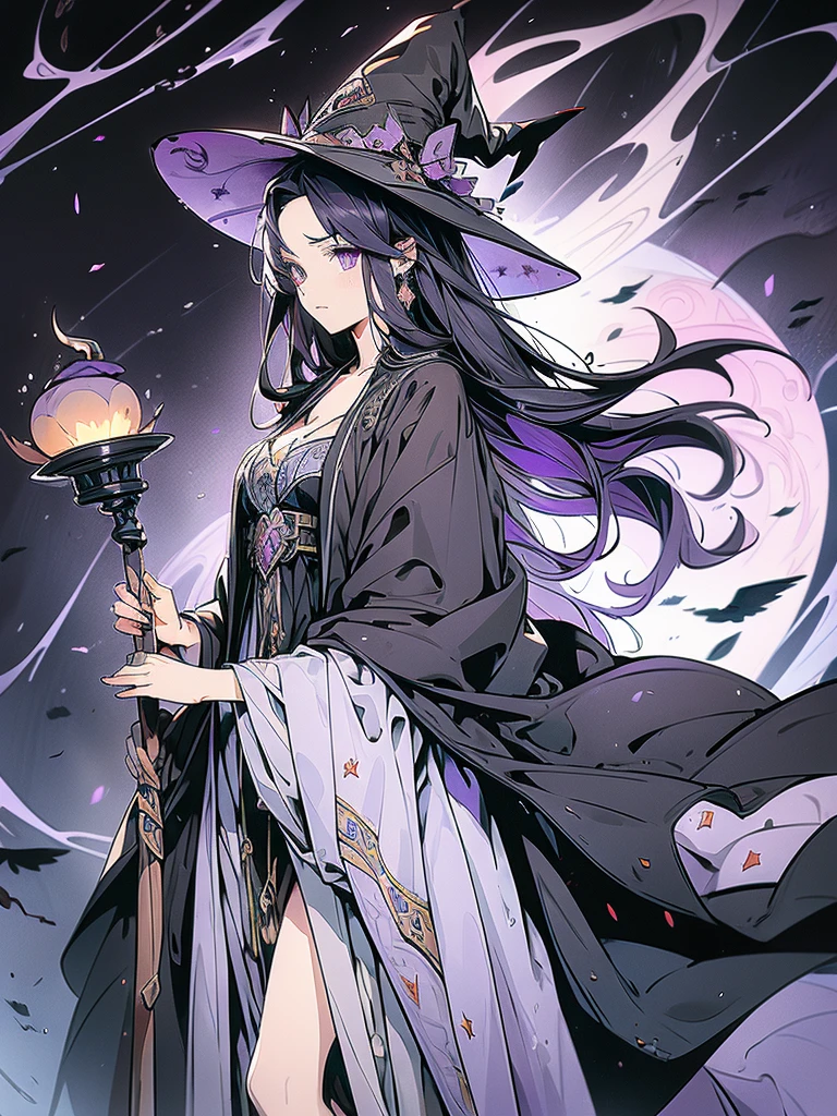 Long staff ，magic hat，Purple long Hair,witch, Black robe, Victorian style, Gothic Skirt, middle Ages,Purple Fire，long black dress，beautiful